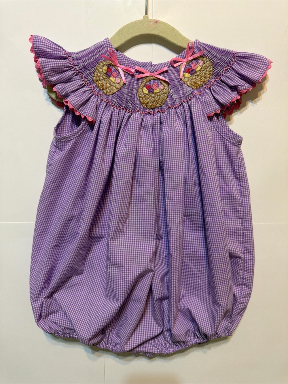 Smocked Purple Gingham Baby One-Piece with Basket Embroidery